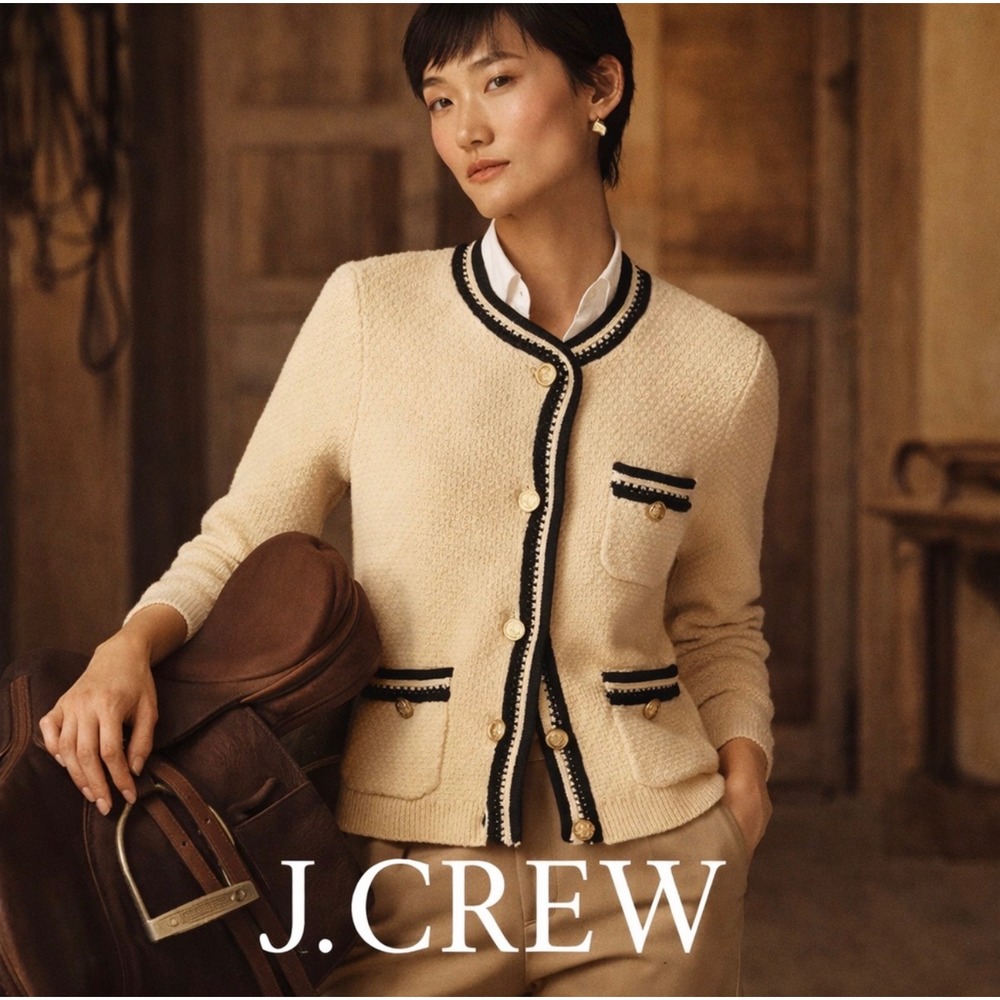 J.Crew Contrast-Trim  Cardigan – Parchment color Size Medium Preppy French‎ Girl